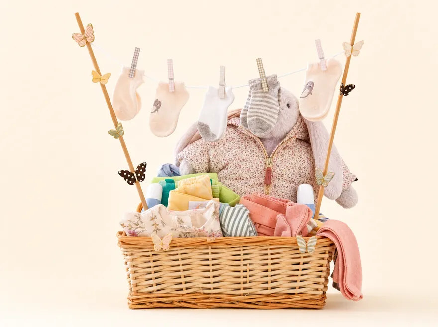 Sur Mesure — Babykorb mit Wäscheleine, Studioaufnahme